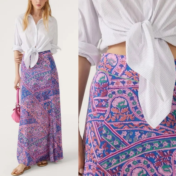 ba&sh Blossom Fanessa Maxi Skirt Blue & Pink Batik Floral Print Size 1 Small - Picture 16 of 16
